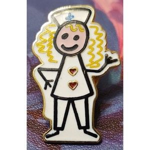 Friendly Nurse Stick Figure Brooch pin Smiling in white uniform and curly hair